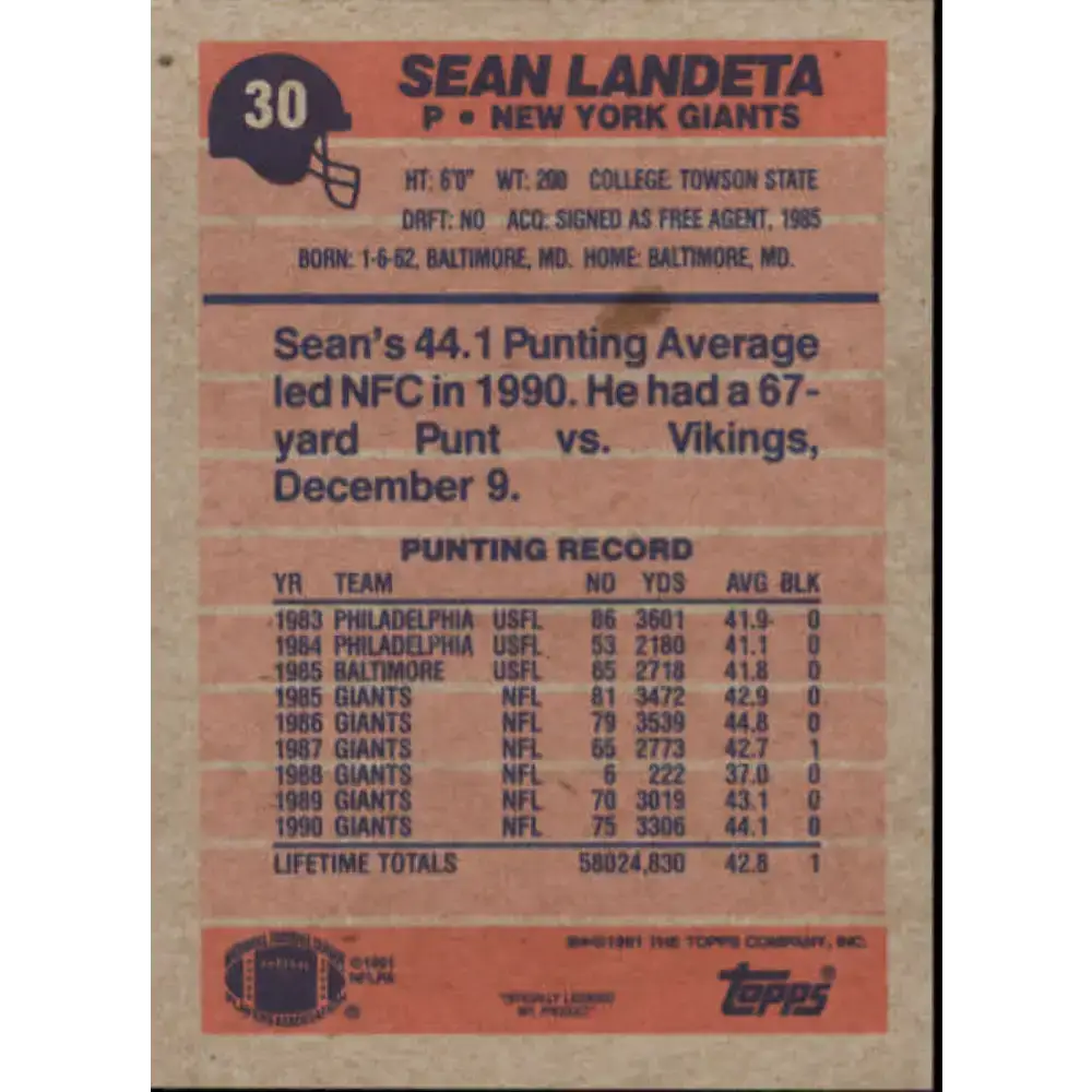 1991 Topps #30 Sean Landeta NM-MT New York Giants Football Card - Football Card Single