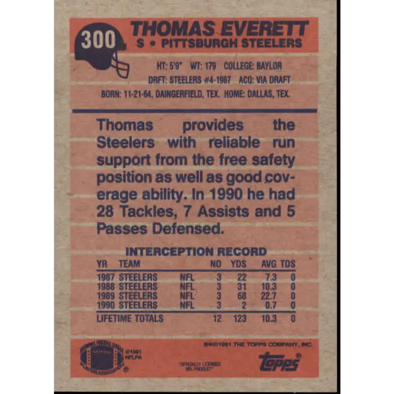 1991 Topps #300 Thomas Everett NM-MT Pittsburgh Steelers Football Card - Football Card Single