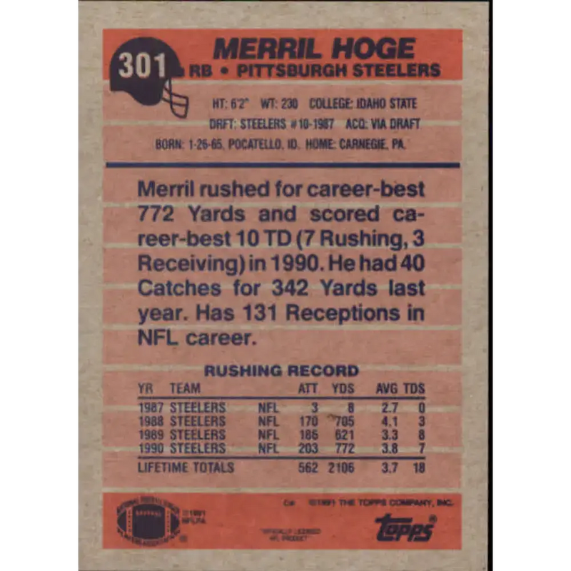 1991 Topps #301 Merril Hoge NM-MT Pittsburgh Steelers Football Card