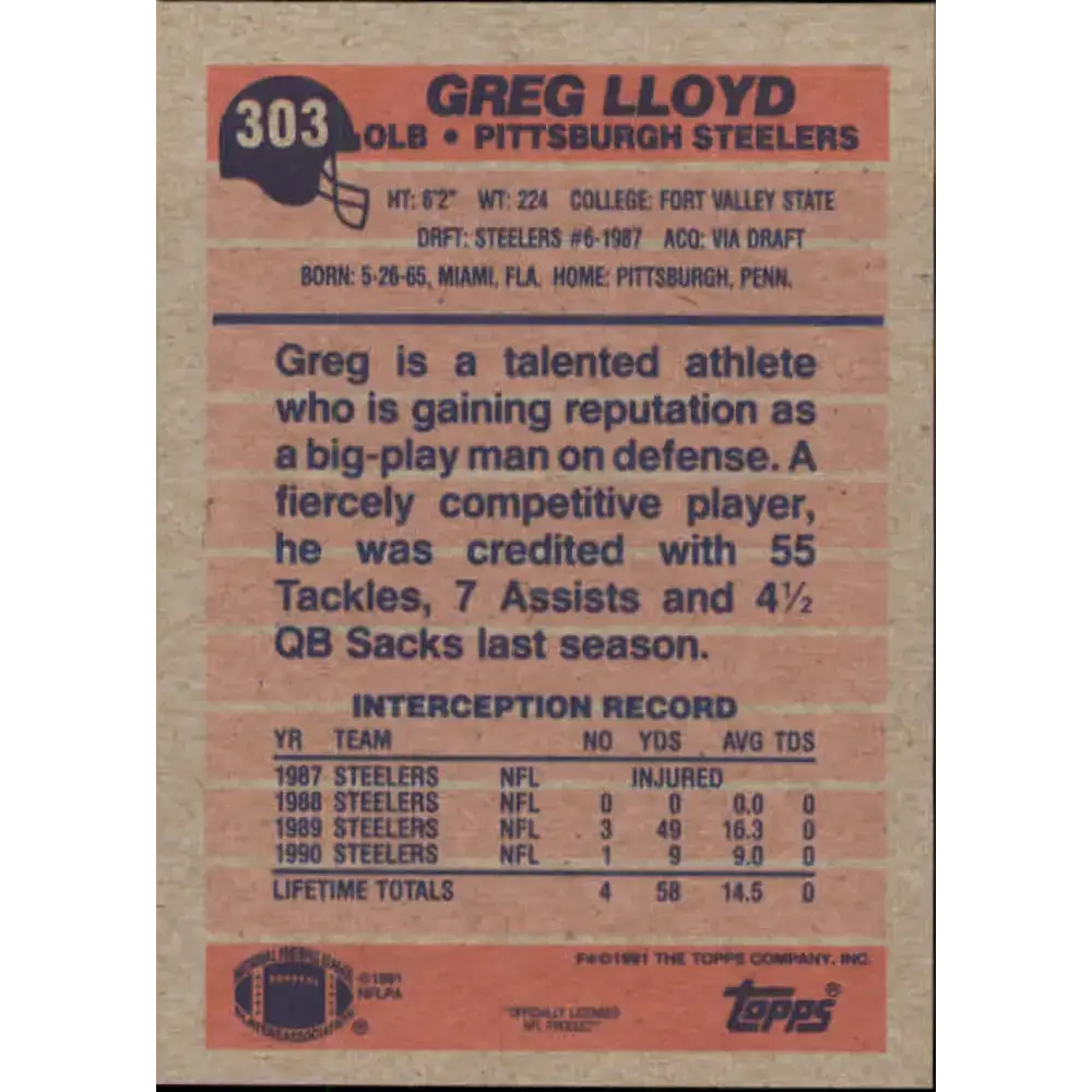 1991 Topps #303 Greg Lloyd NM-MT Pittsburgh Steelers Football Card - Football Card Single