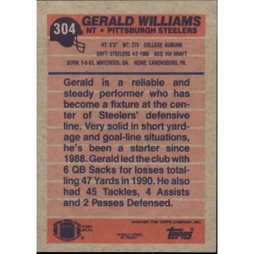 1991 Topps #304 Gerald Williams NM-MT Pittsburgh Steelers Football Card - Football Card Single