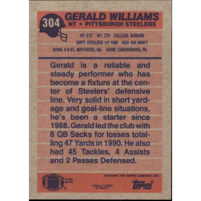1991 Topps #304 Gerald Williams NM-MT Pittsburgh Steelers Football Card - Football Card Single