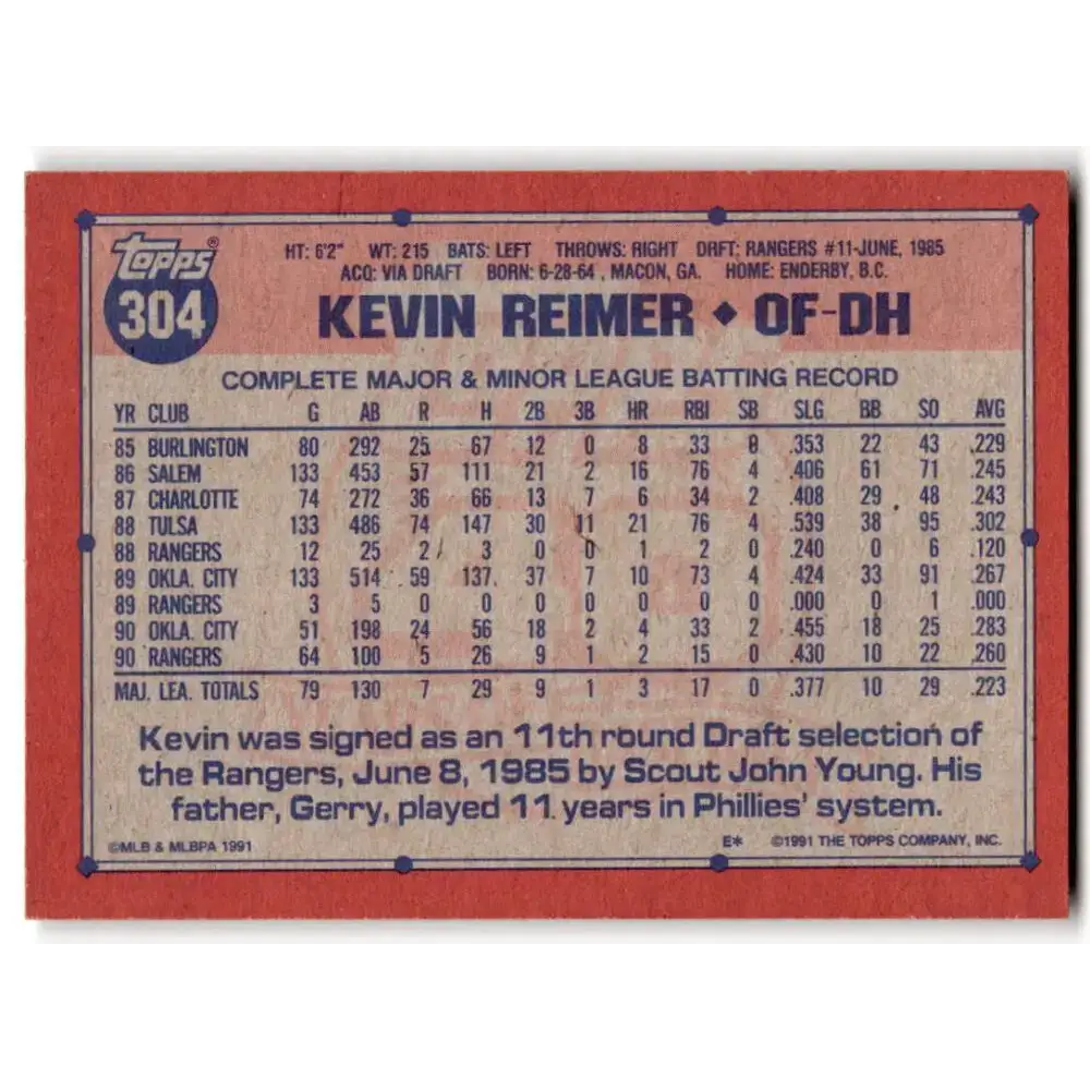 1991 Topps #304 Kevin Reimer NM-MT Texas Rangers Baseball Card - Baseball Card Single