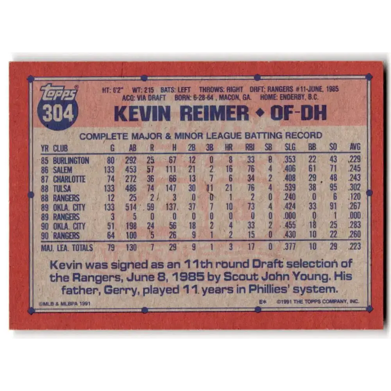1991 Topps #304 Kevin Reimer NM-MT Texas Rangers Baseball Card - Baseball Card Single
