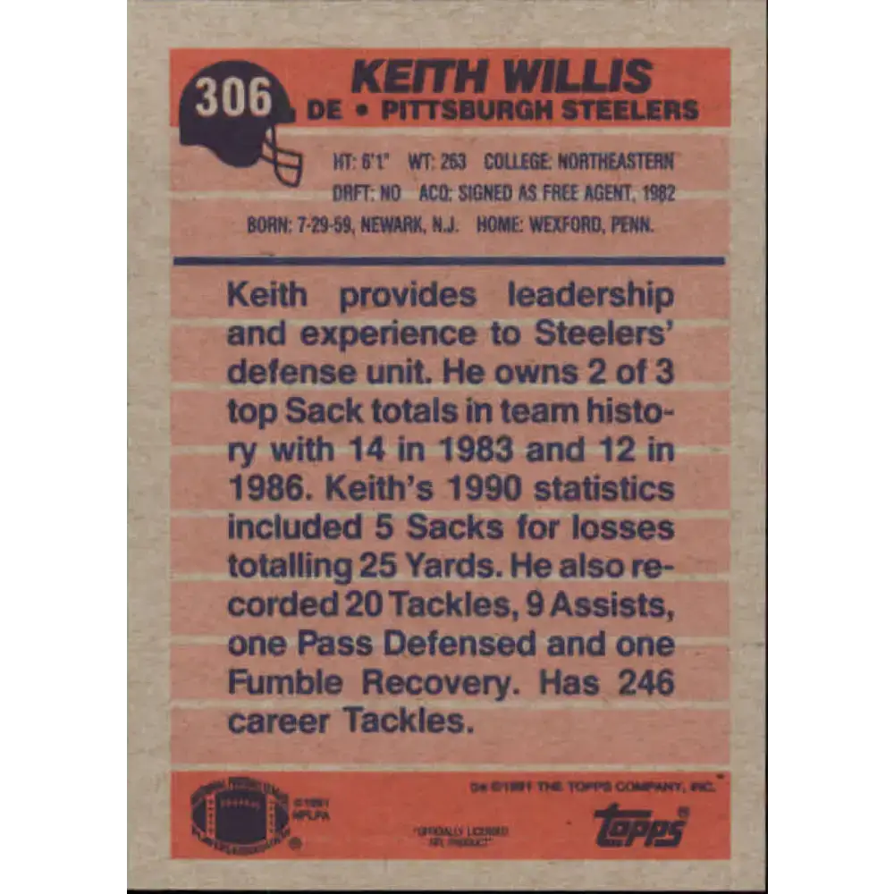 1991 Topps #306 Keith Willis NM-MT Pittsburgh Steelers Football Card - Football Card Single