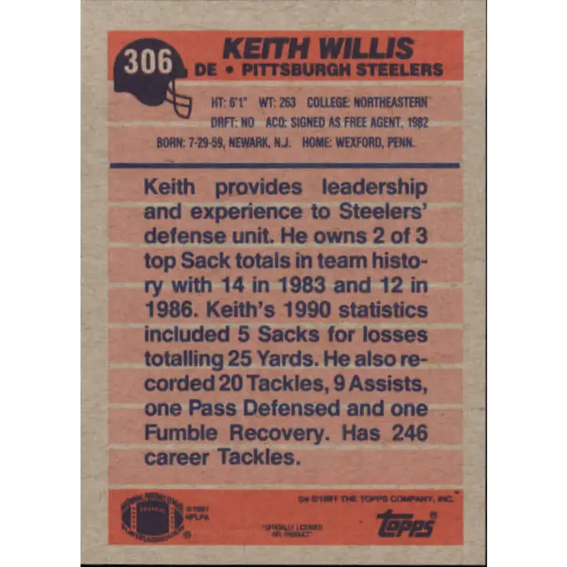 1991 Topps #306 Keith Willis NM-MT Pittsburgh Steelers Football Card - Football Card Single