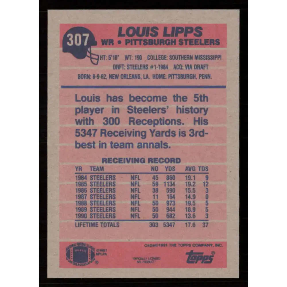 1991 Topps #307 Louis Lipps NM-MT Pittsburgh Steelers Football Card - Football Card Single