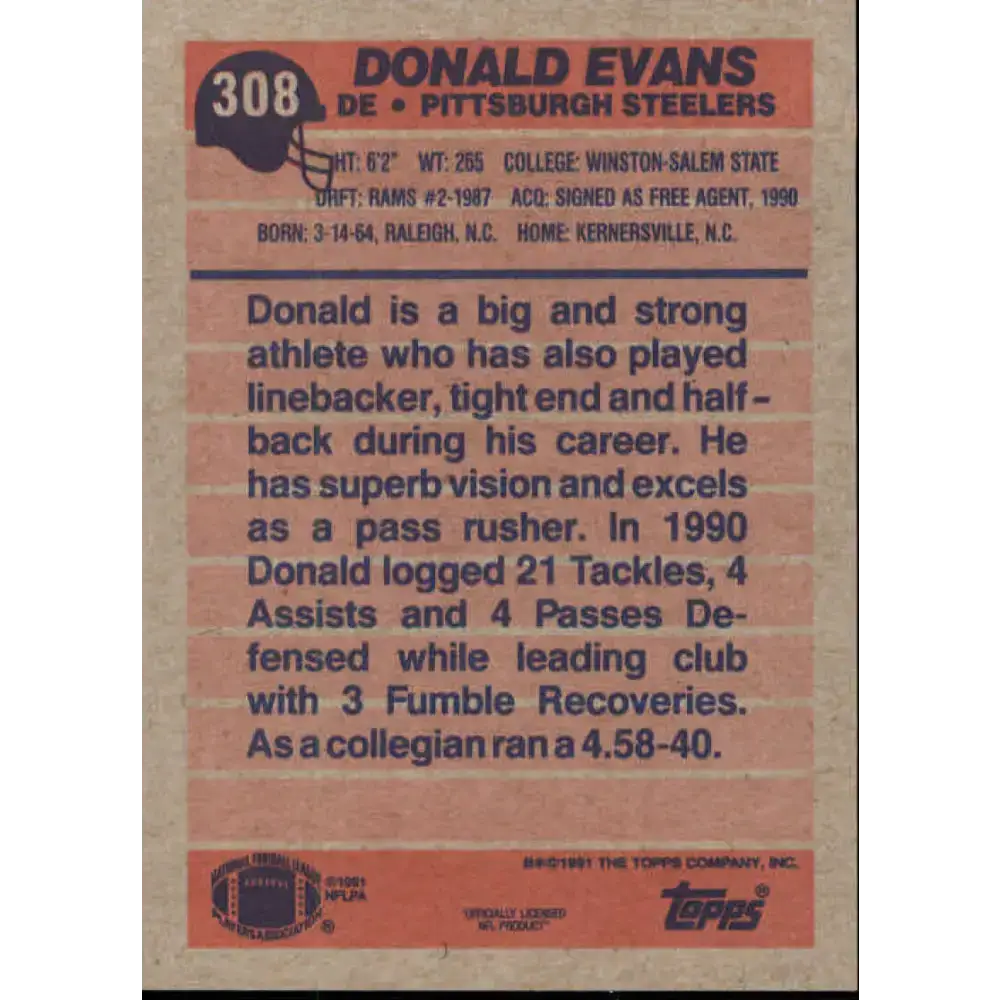 1991 Topps #308 Donald Evans NM-MT Pittsburgh Steelers Football Card - Football Card Single