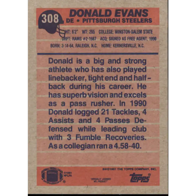 1991 Topps #308 Donald Evans NM-MT Pittsburgh Steelers Football Card - Football Card Single