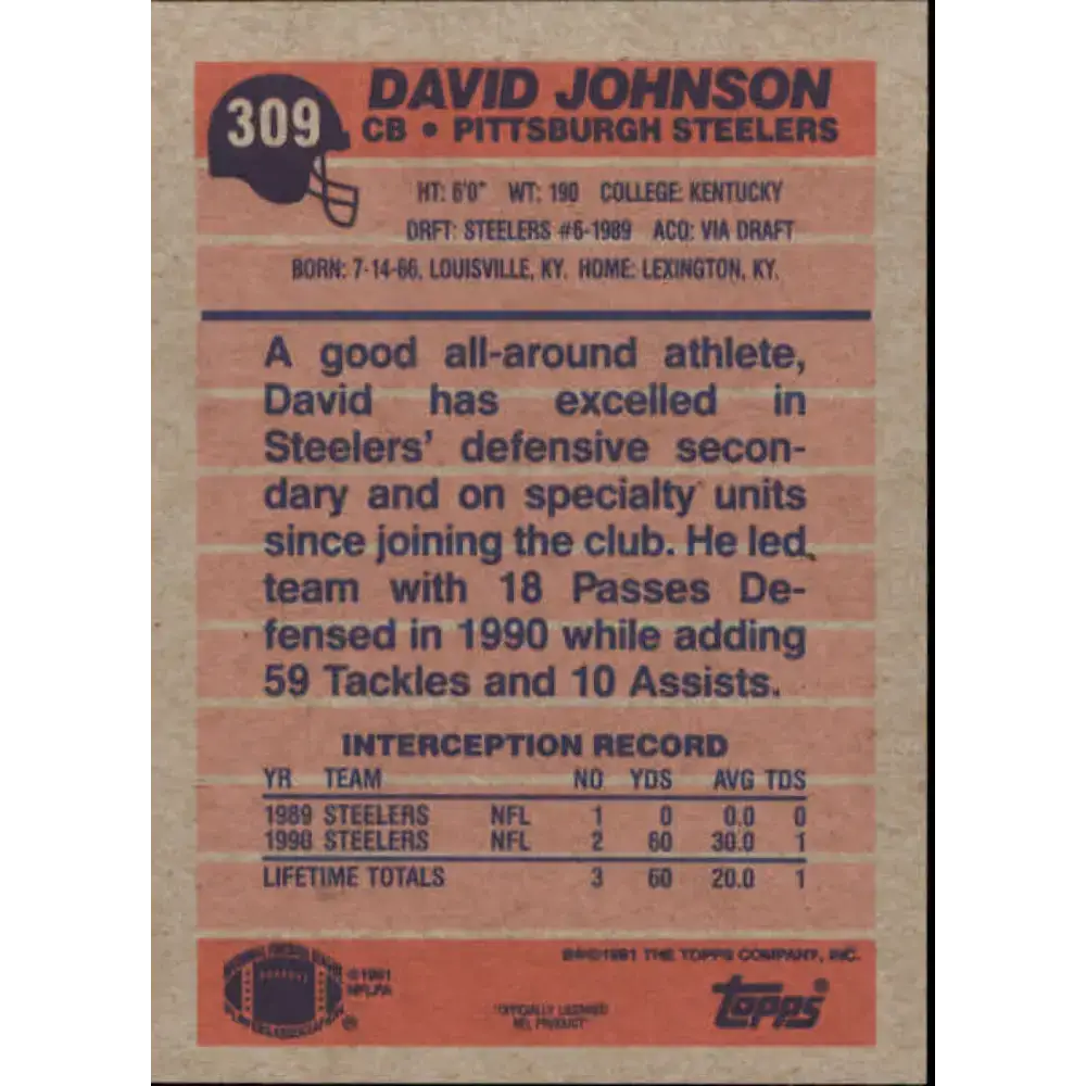 1991 Topps #309 David Johnson NM-MT RC Rookie Pittsburgh Steelers Football Card - Football Card Single