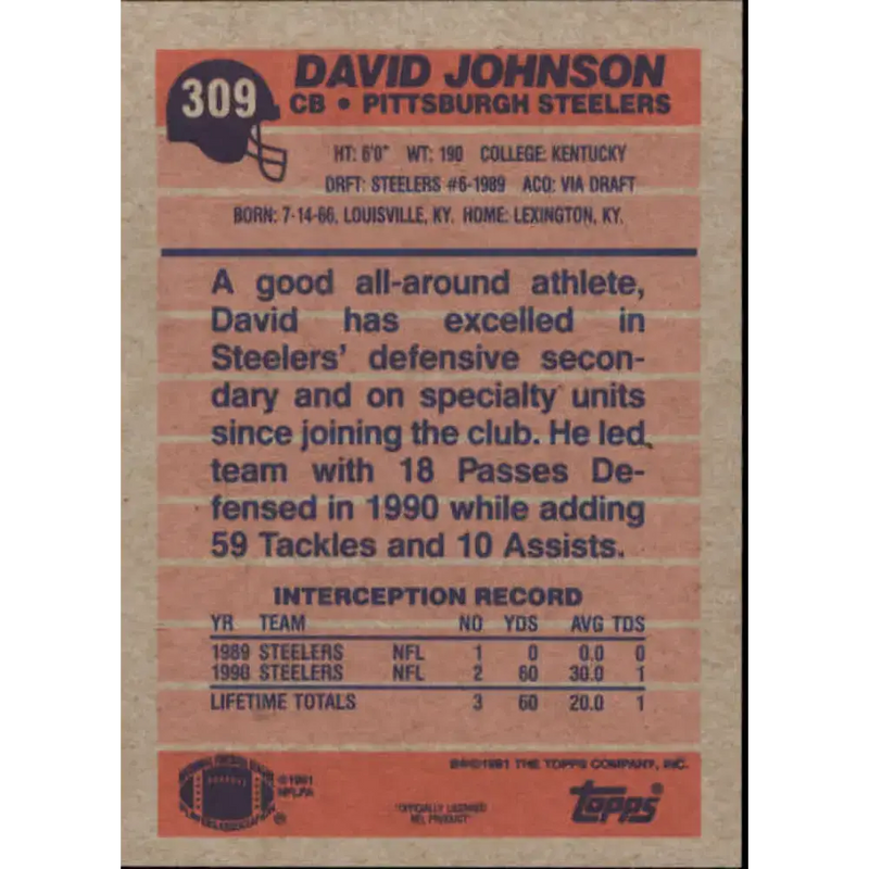 1991 Topps #309 David Johnson NM-MT RC Rookie Pittsburgh Steelers Football Card - Football Card Single