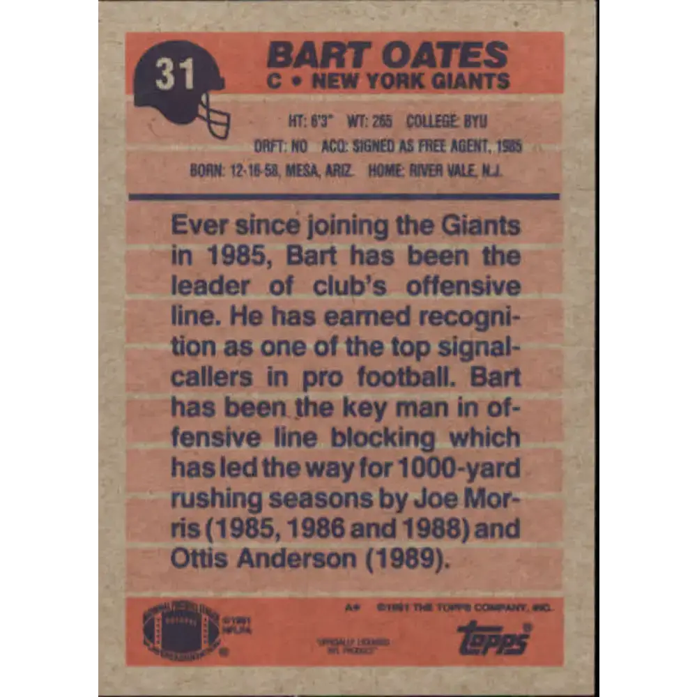 1991 Topps #31 Bart Oates NM-MT New York Giants Football Card - Football Card Single