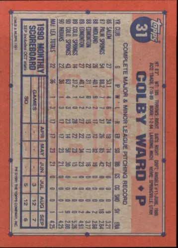 Colby Ward 1991 Topps rookie baseball card back with original gloss and Simply Sandoval design