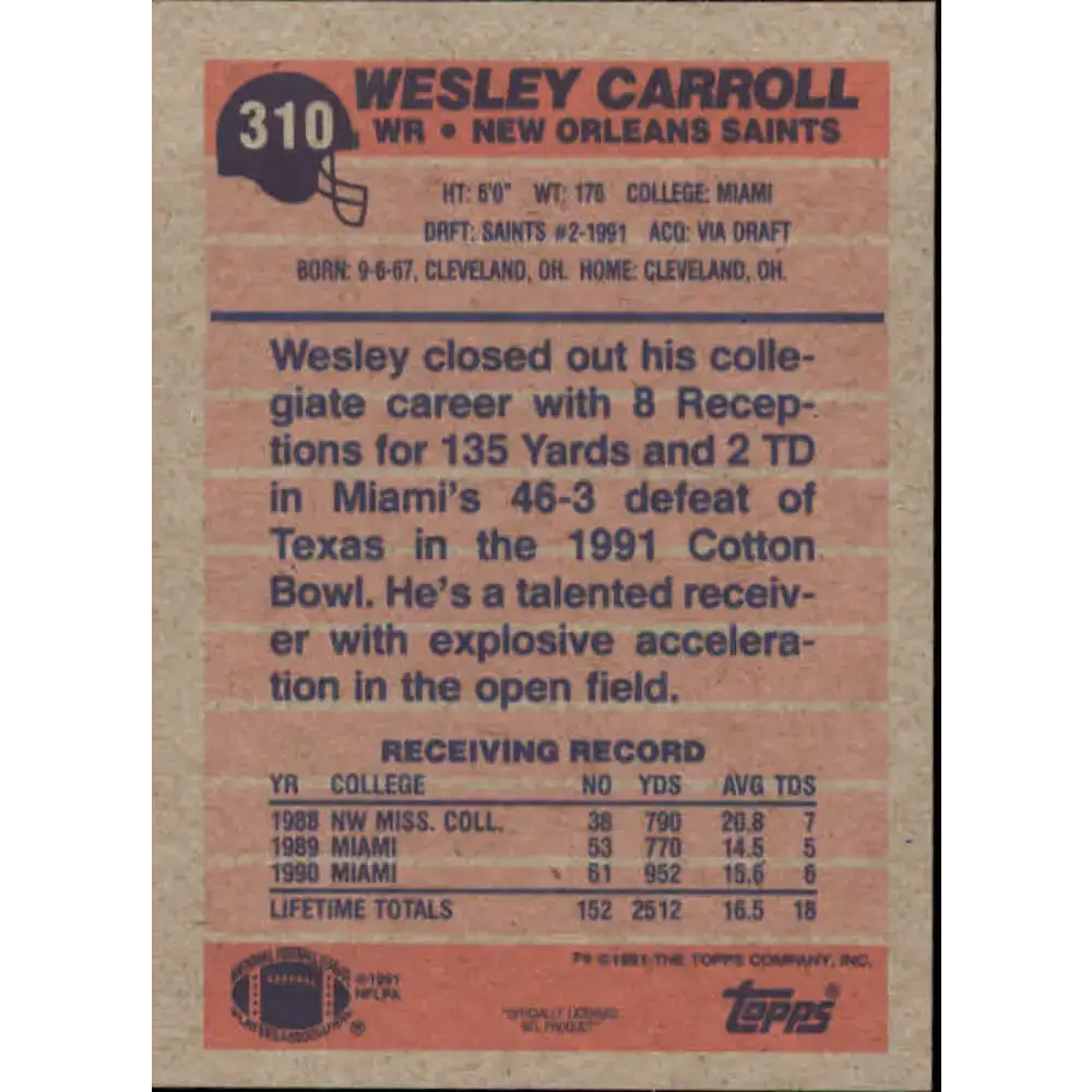 1991 Topps #310 Wesley Carroll NM-MT RC Rookie New Orleans Saints Football Card - Football Card Single