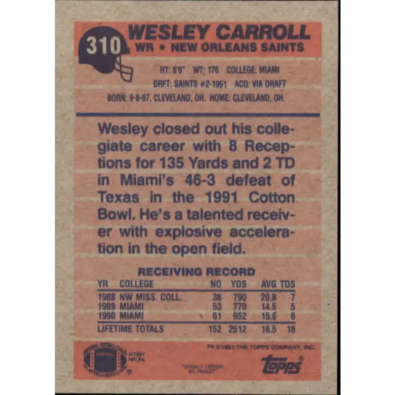 1991 Topps #310 Wesley Carroll NM-MT RC Rookie New Orleans Saints Football Card - Football Card Single