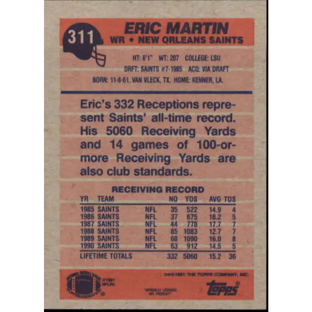 1991 Topps #311 Eric Martin NM-MT New Orleans Saints Football Card - Football Card Single