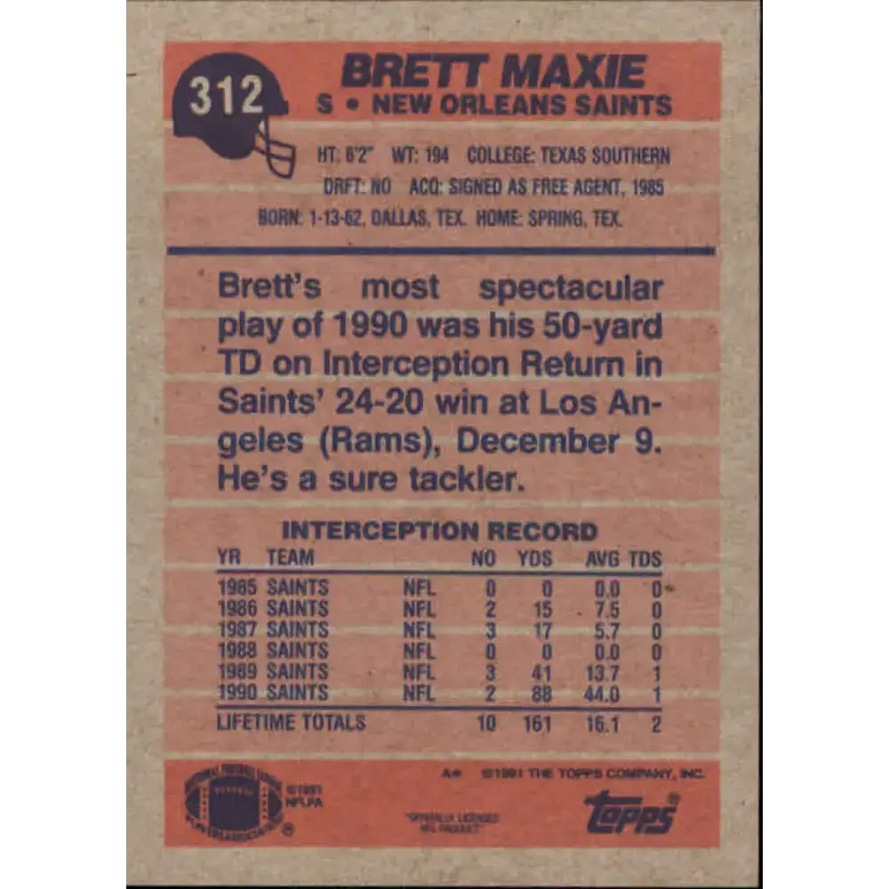 1991 Topps #312 Brett Maxie NM-MT RC Rookie New Orleans Saints Football Card - Football Card Single