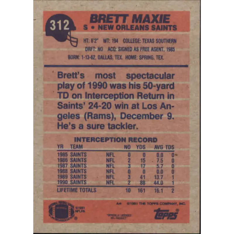 1991 Topps #312 Brett Maxie NM-MT RC Rookie New Orleans Saints Football Card - Football Card Single