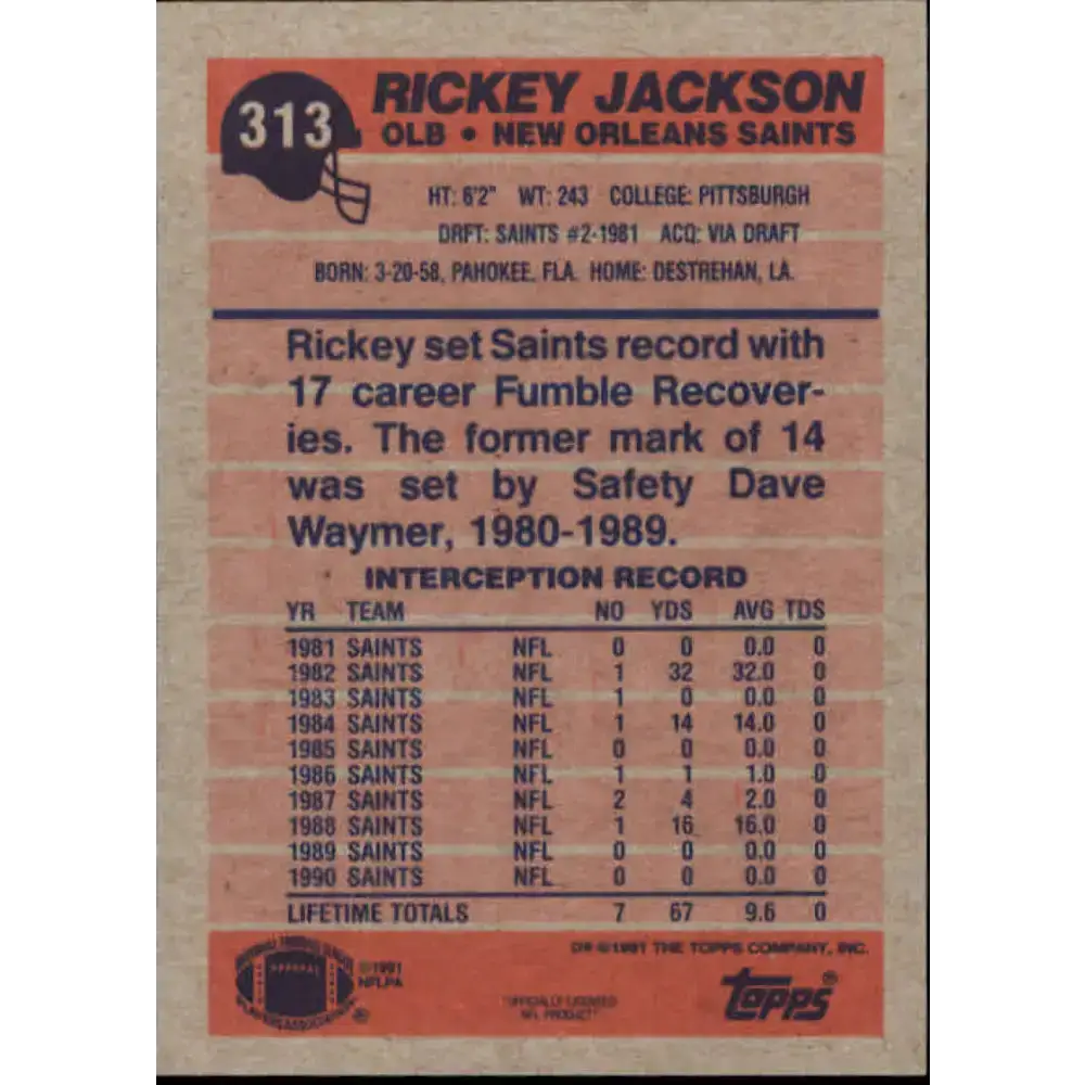 1991 Topps #313 Rickey Jackson NM-MT New Orleans Saints Football Card - Football Card Single