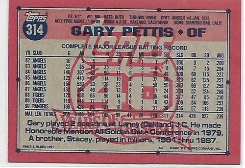 1991 Topps #314 Gary Pettis NM-MT Rangers - Baseball Card Single