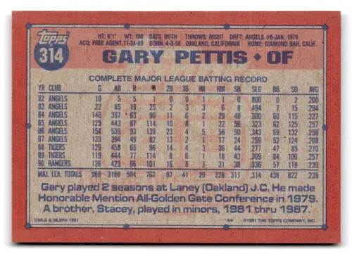 Original gloss 1991 Topps Gary Pettis NM-MT baseball card with Rangers ID 72812