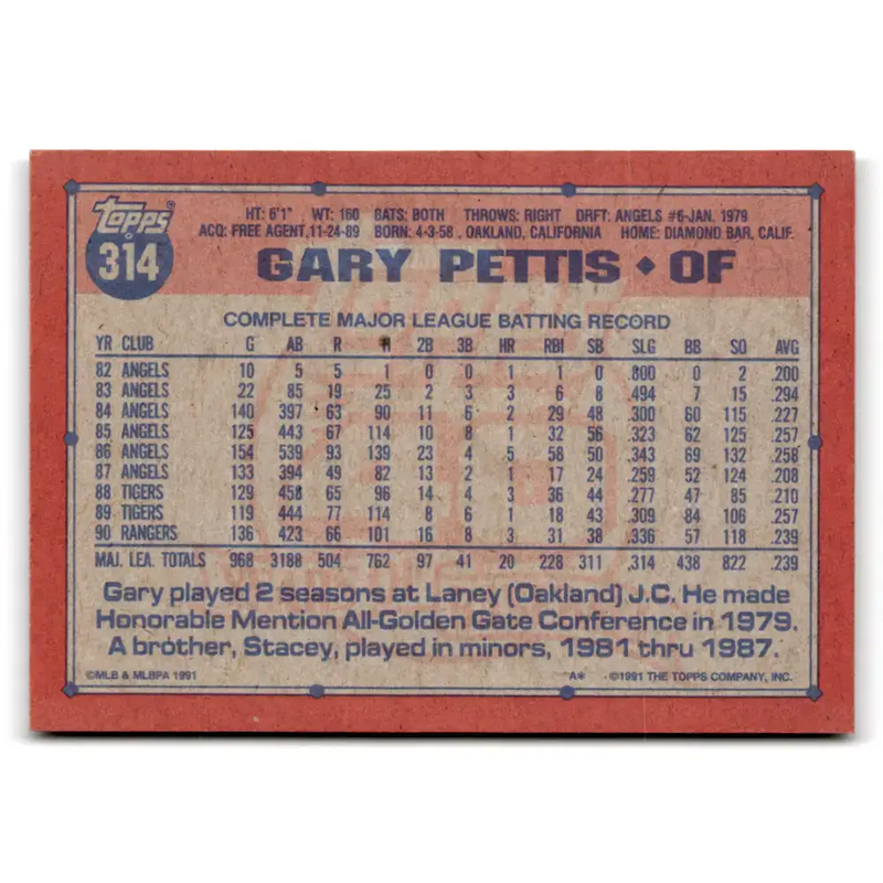 1991 Topps #314 Gary Pettis NM-MT Texas Rangers Baseball Card - Baseball Card Single