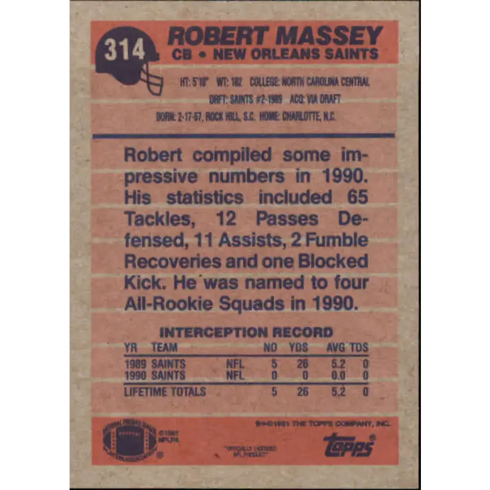 1991 Topps #314 Robert Massey NM-MT New Orleans Saints Football Card - Football Card Single