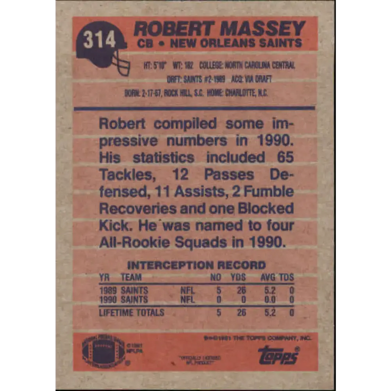 1991 Topps #314 Robert Massey NM-MT New Orleans Saints Football Card - Football Card Single