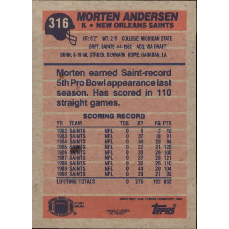 1991 Topps #316 Morten Andersen NM-MT New Orleans Saints Football Card - Football Card Single