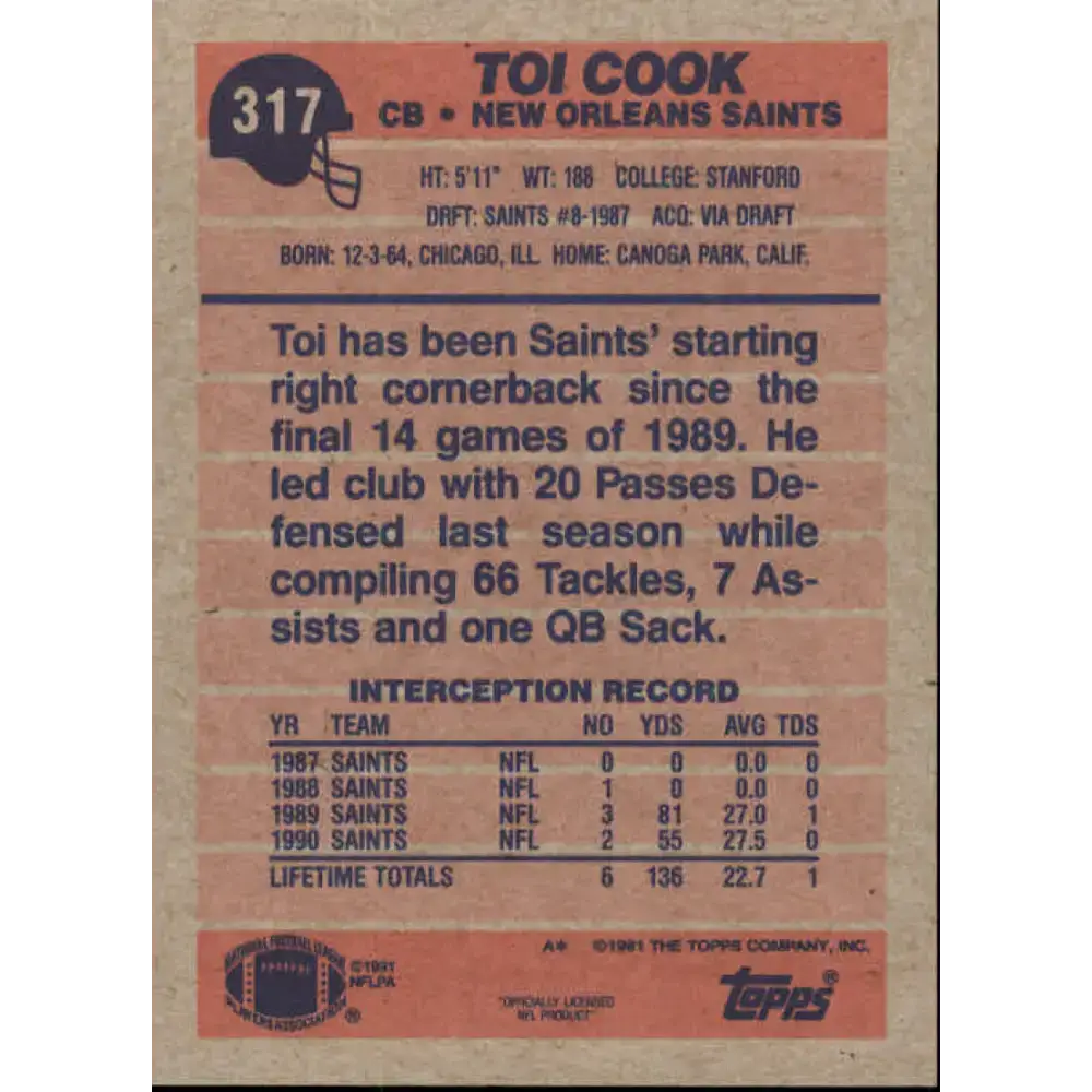 1991 Topps #317 Toi Cook NM-MT RC Rookie New Orleans Saints Football Card - Football Card Single