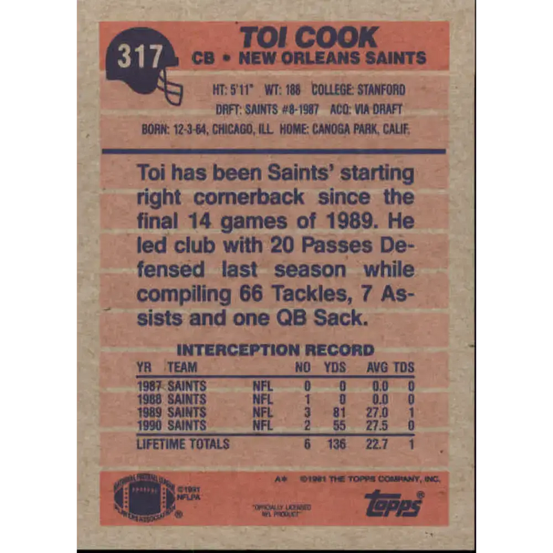 1991 Topps #317 Toi Cook NM-MT RC Rookie New Orleans Saints Football Card - Football Card Single