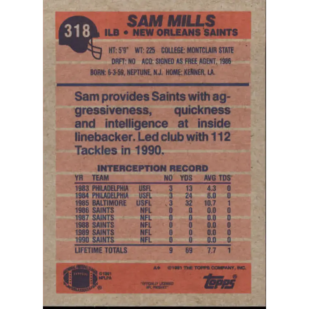 1991 Topps #318 Sam Mills NM-MT New Orleans Saints Football Card - Football Card Single