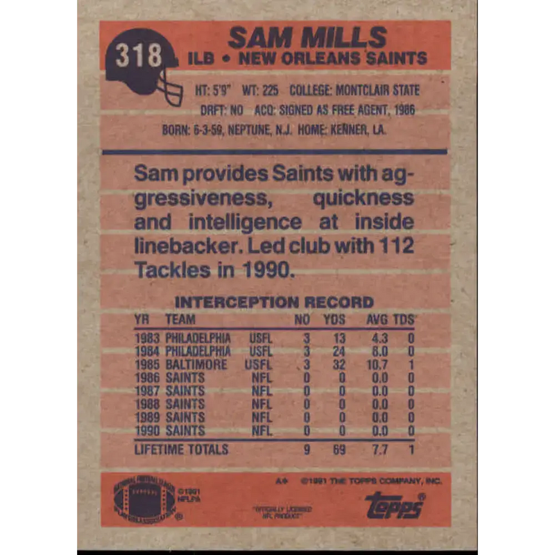 1991 Topps #318 Sam Mills NM-MT New Orleans Saints Football Card - Football Card Single