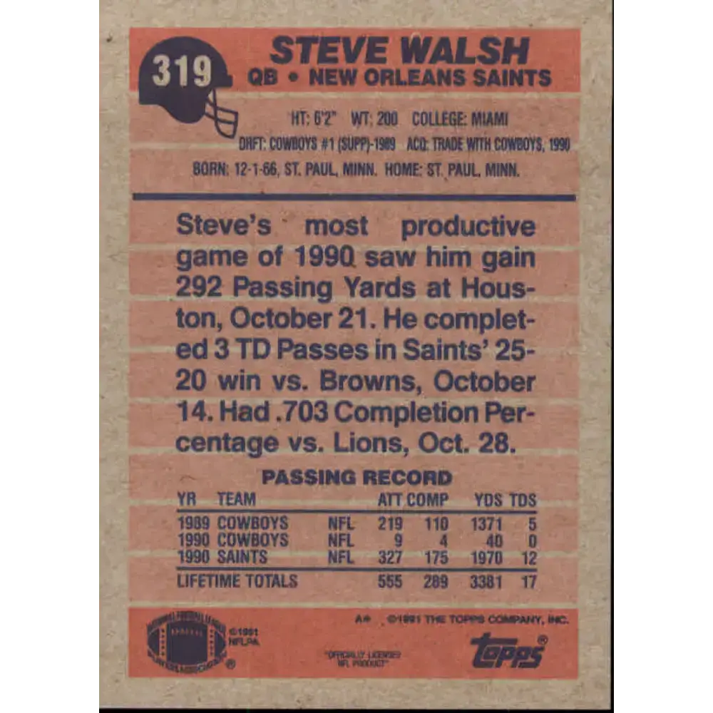 1991 Topps #319 Steve Walsh NM-MT New Orleans Saints Football Card - Football Card Single