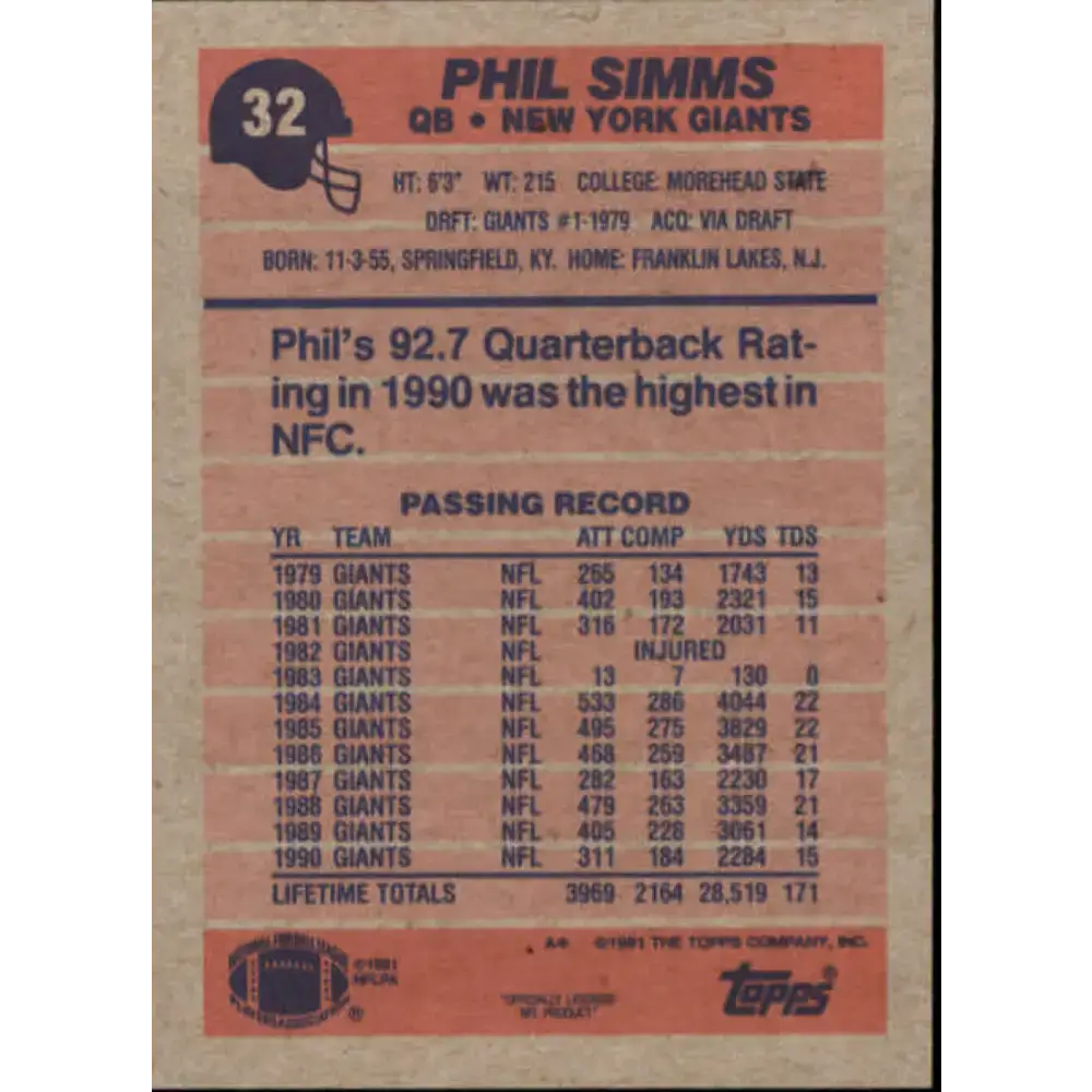 1991 Topps #32 Phil Simms NM-MT New York Giants Football Card - Football Card Single