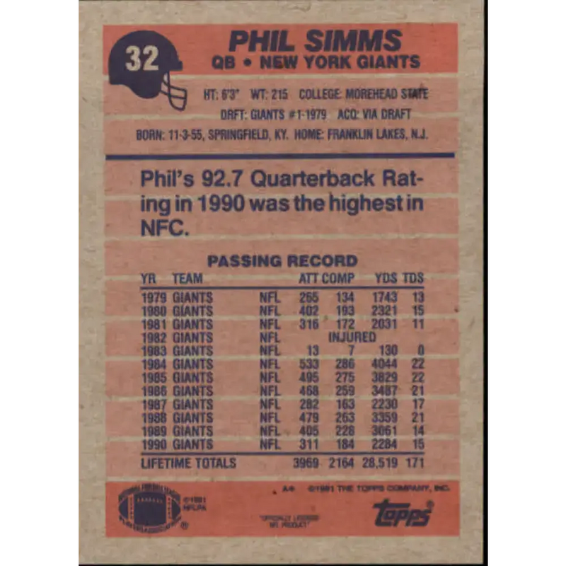 1991 Topps #32 Phil Simms NM-MT New York Giants Football Card - Football Card Single