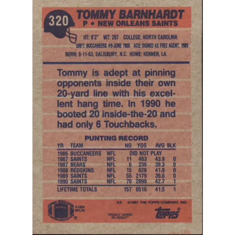 1991 Topps #320 Tommy Barnhardt NM-MT RC Rookie New Orleans Saints Football Card - Football Card Single