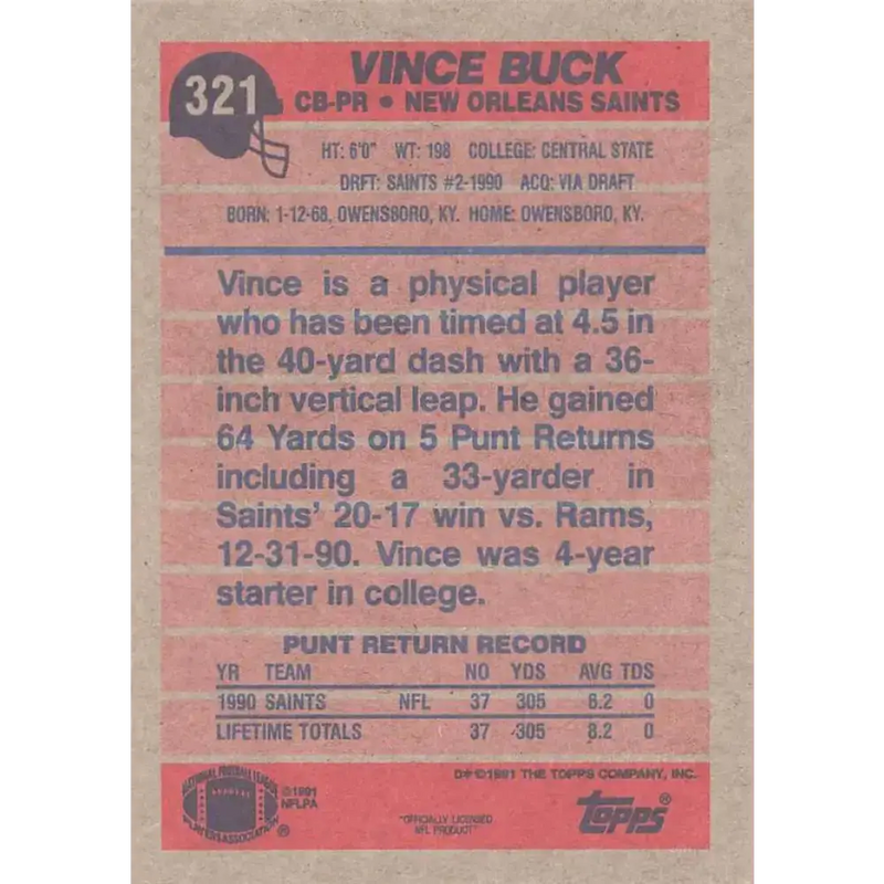 1991 Topps #321 Vince Buck NM-MT New Orleans Saints Football Card - Football Card Single