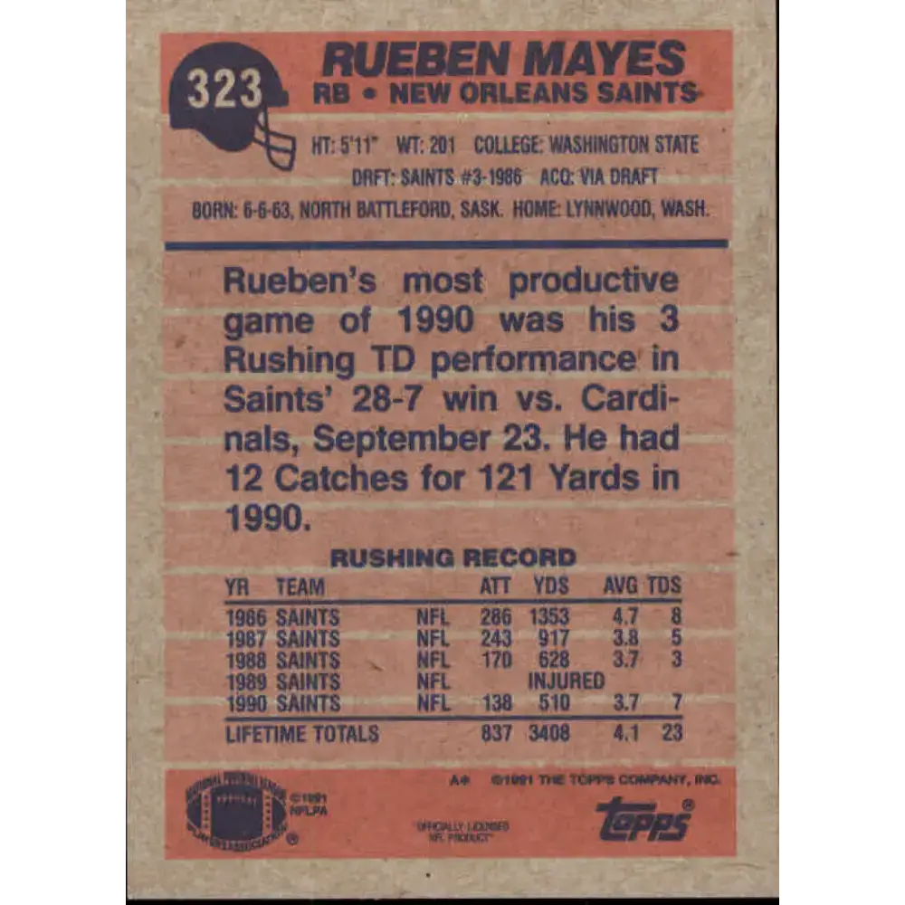 1991 Topps #323 Rueben Mayes NM-MT New Orleans Saints Football Card - Football Card Single