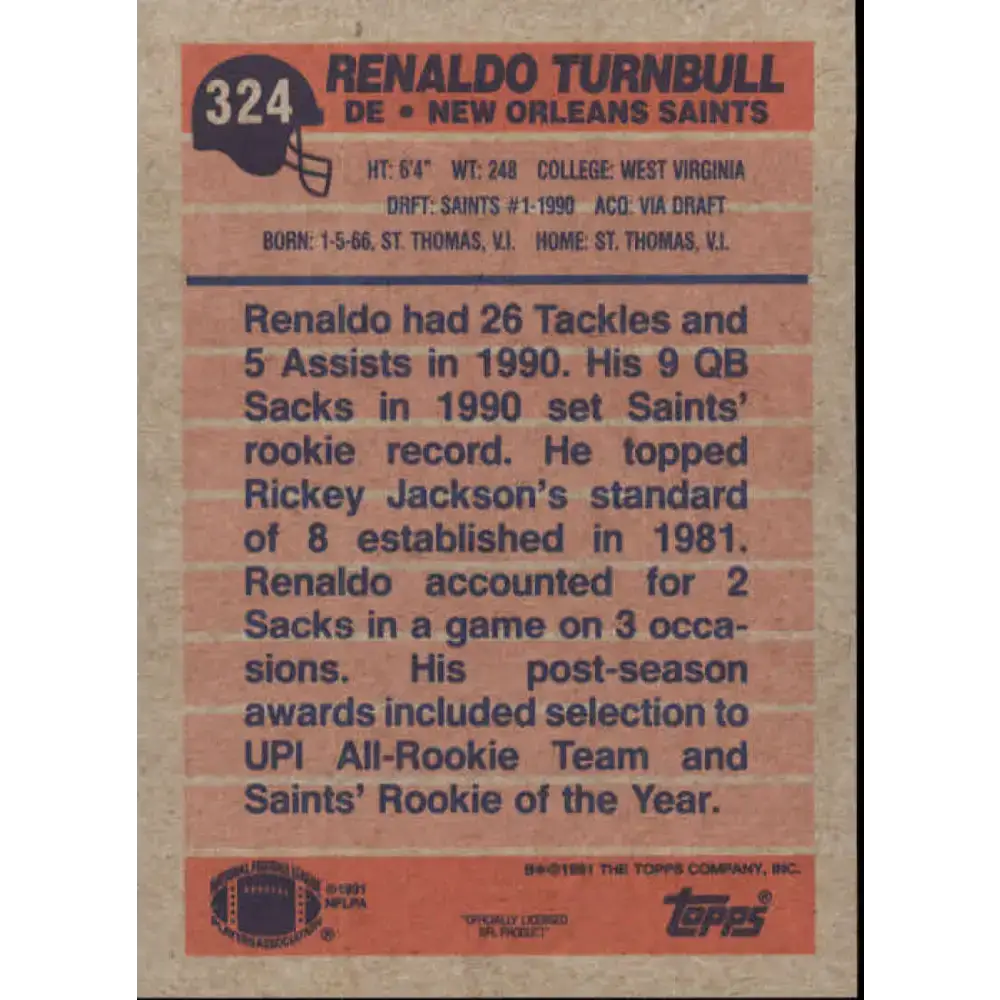 1991 Topps #324 Renaldo Turnbull NM-MT New Orleans Saints Football Card - Football Card Single