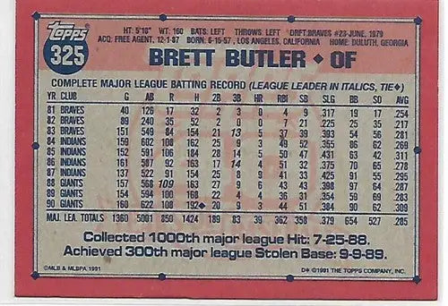 1991 Topps #325 Brett Butler NM-MT Giants - Baseball Card Single