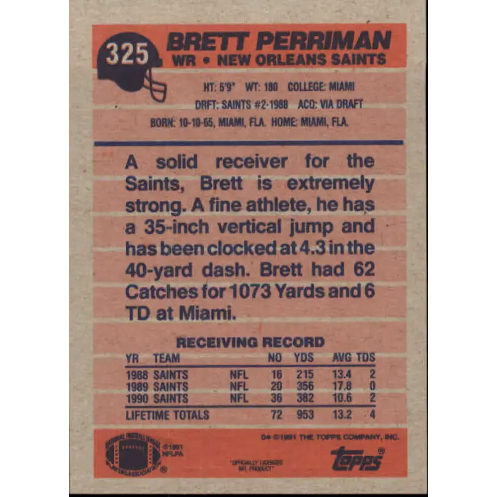 1991 Topps #325 Brett Perriman NM-MT New Orleans Saints Football Card - Football Card Single
