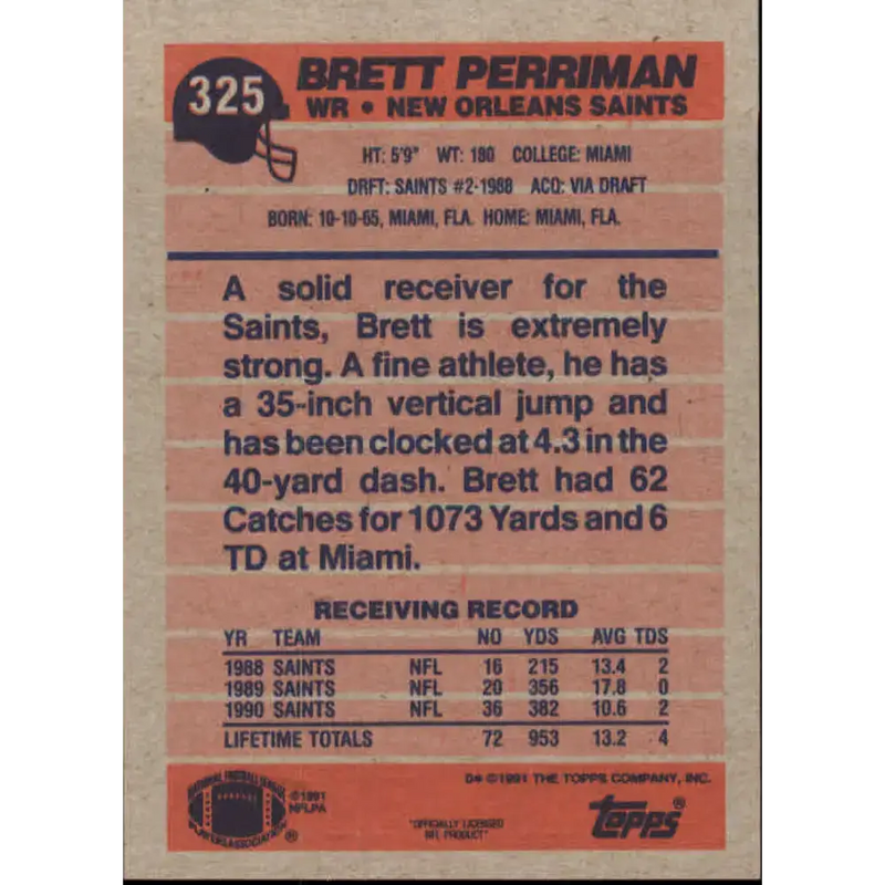 1991 Topps #325 Brett Perriman NM-MT New Orleans Saints Football Card - Football Card Single