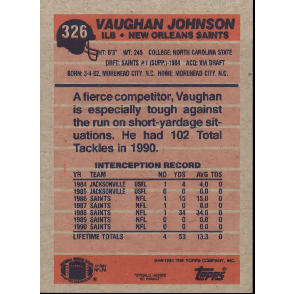 1991 Topps #326 Vaughan Johnson NM-MT New Orleans Saints Football Card - Football Card Single