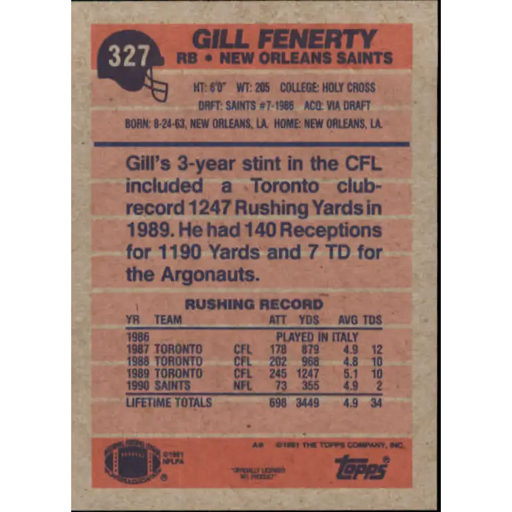 1991 Topps #327 Gill Fenerty NM-MT RC Rookie New Orleans Saints Football Card - Football Card Single