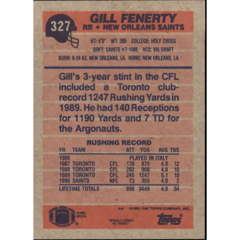 1991 Topps #327 Gill Fenerty NM-MT RC Rookie New Orleans Saints Football Card - Football Card Single