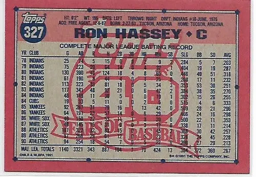 1991 Topps #327 Ron Hassey NM-MT Athletics - Baseball Card Single
