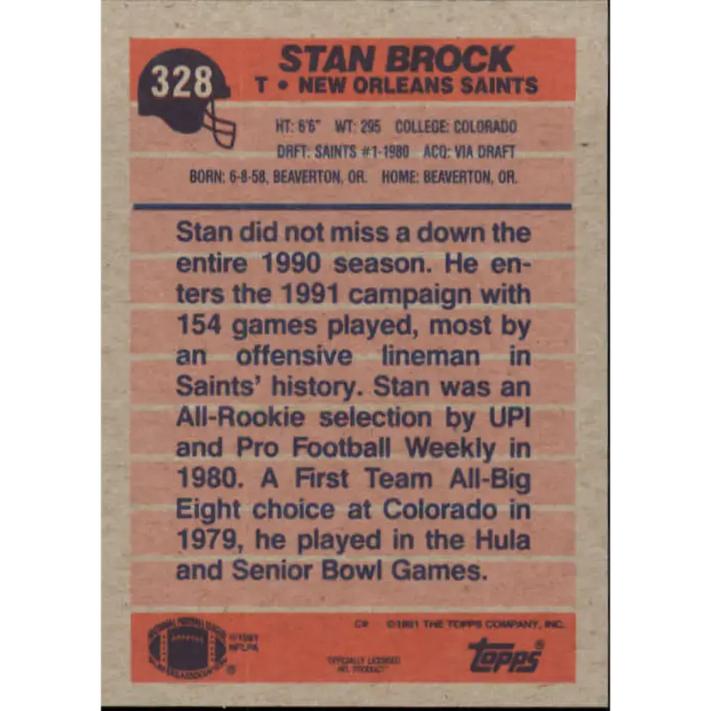 1991 Topps #328 Stan Brock NM-MT New Orleans Saints Football Card - Football Card Single