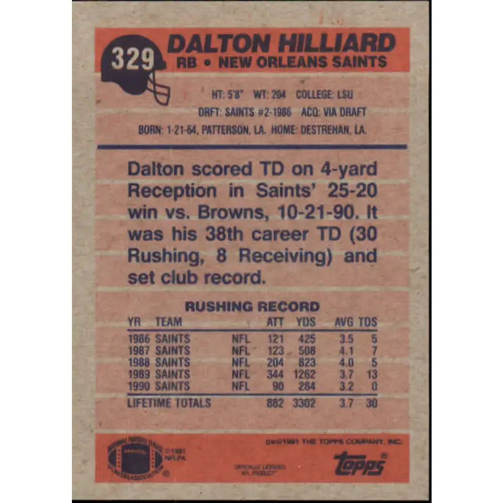 1991 Topps #329 Dalton Hilliard NM-MT New Orleans Saints Football Card - Football Card Single