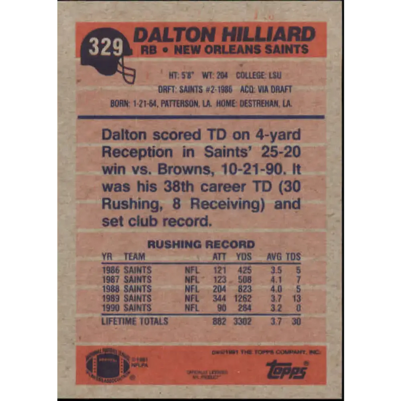 1991 Topps #329 Dalton Hilliard NM-MT New Orleans Saints Football Card - Football Card Single